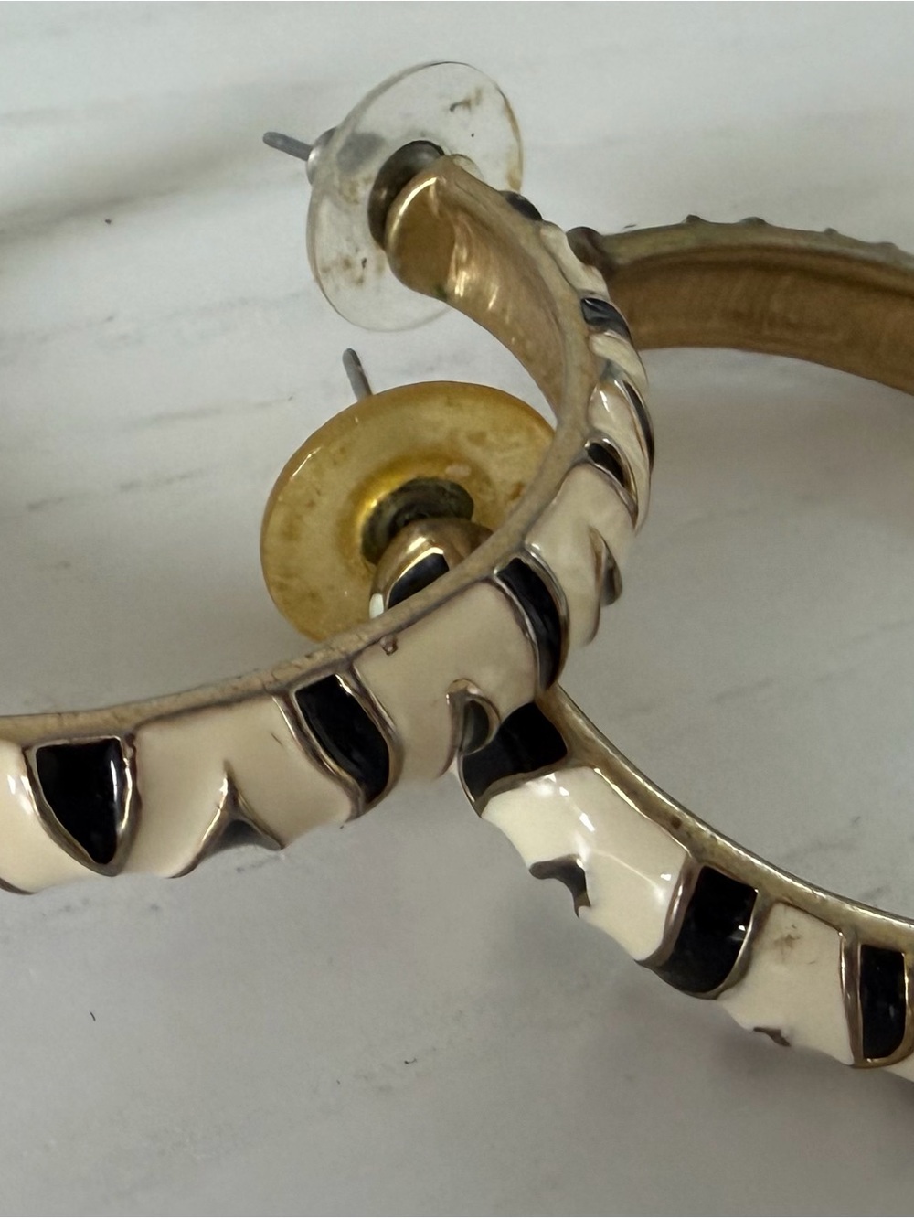 Gold-Tone Hoop Earrings with Cream and Black Enamel Zebra  Accents